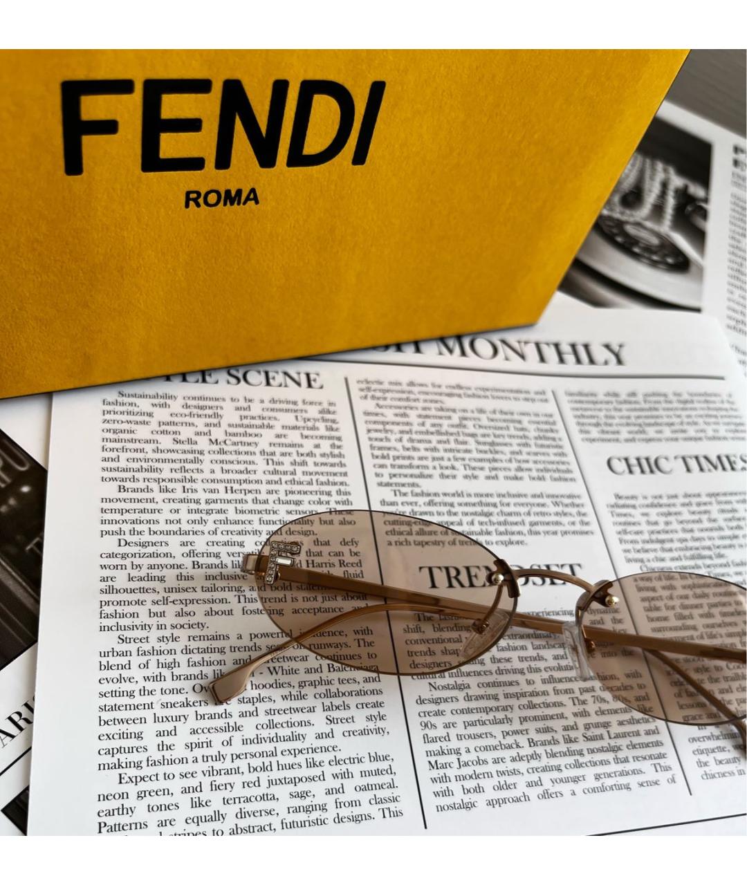 FENDI Бежевые металлические солнцезащитные очки, фото 6
