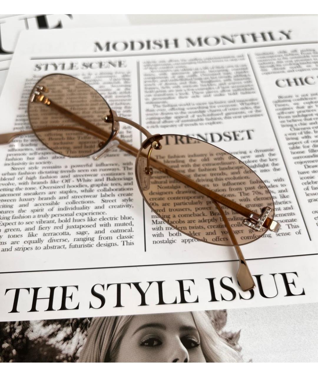 FENDI Бежевые металлические солнцезащитные очки, фото 4