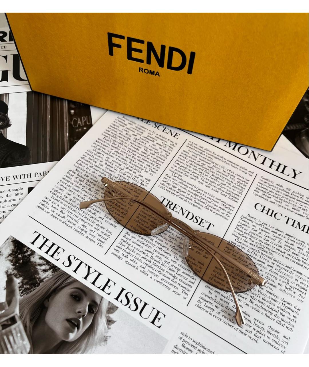 FENDI Бежевые металлические солнцезащитные очки, фото 3