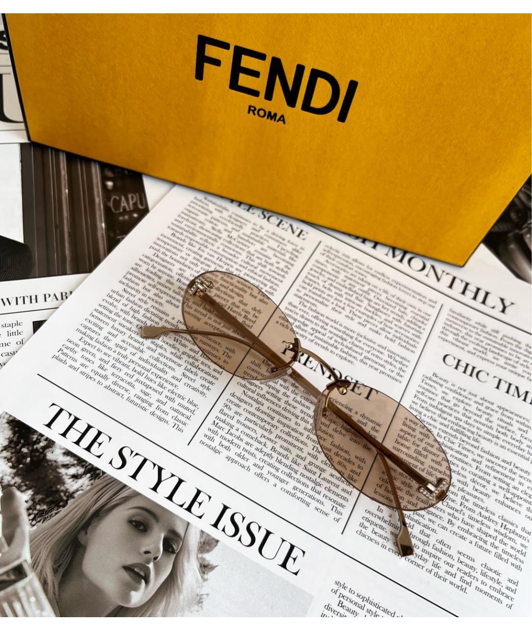FENDI Бежевые металлические солнцезащитные очки, фото 2