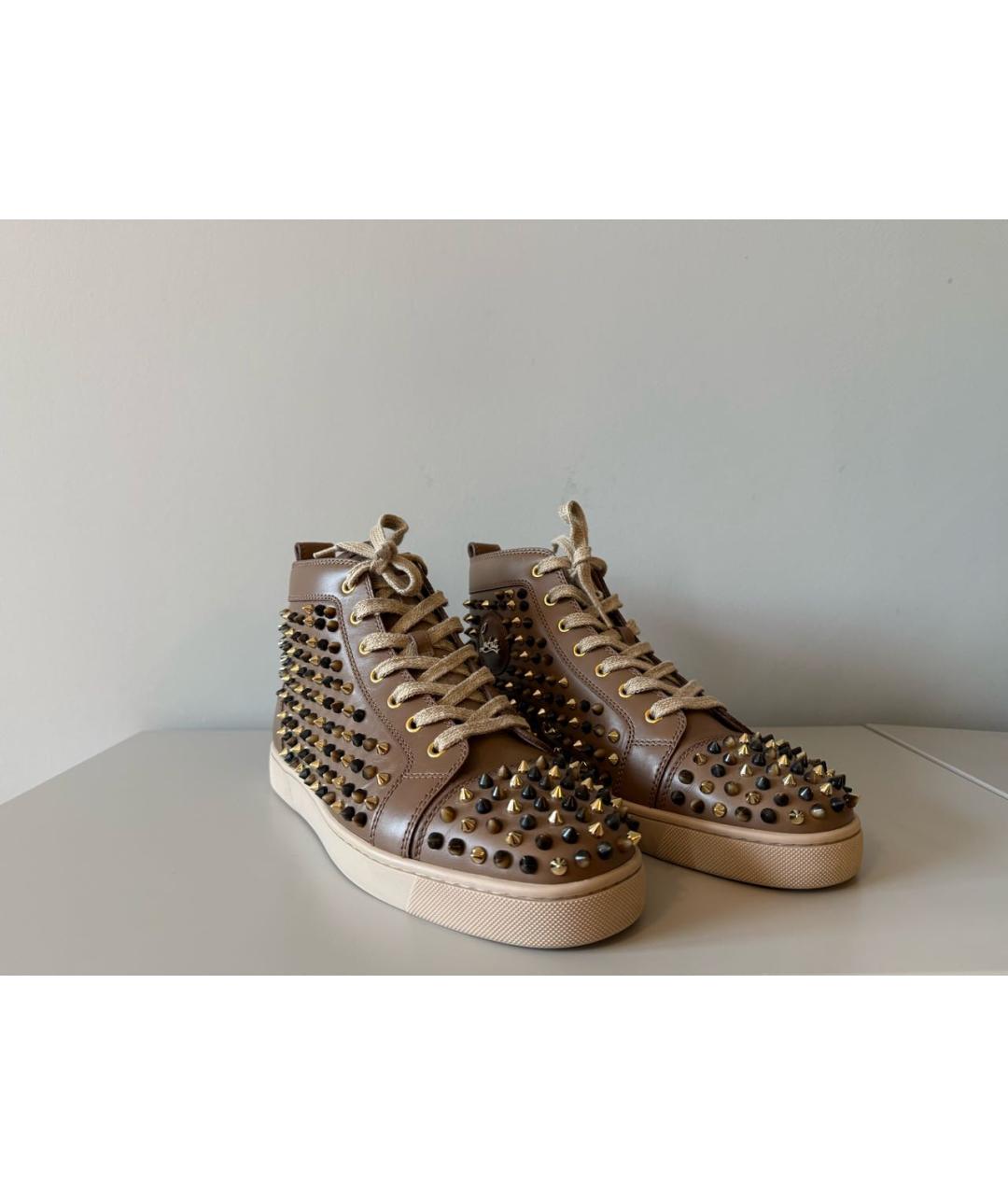 CHRISTIAN LOUBOUTIN Бежевые кожаные высокие кроссовки / кеды, фото 3