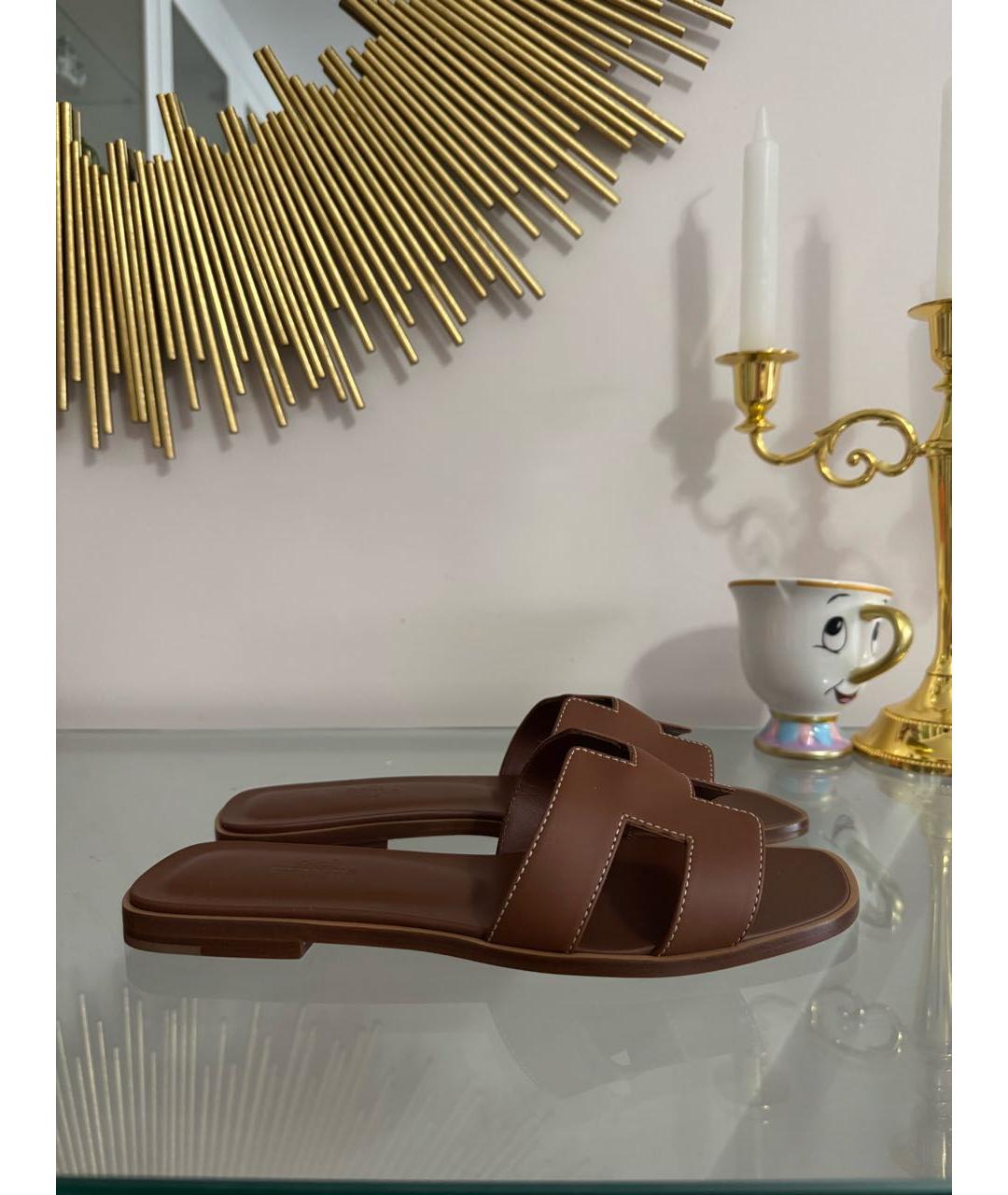 HERMES Коричневые кожаные шлепанцы, фото 8