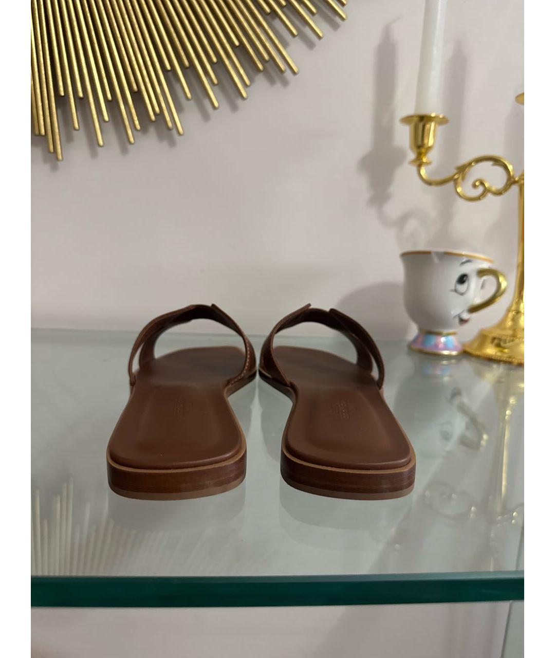HERMES Коричневые кожаные шлепанцы, фото 4