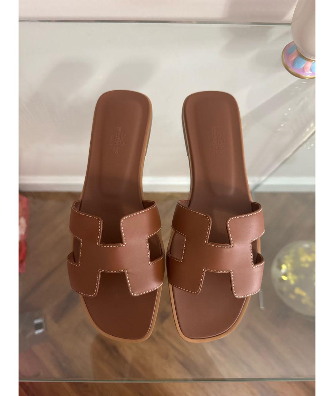 HERMES Коричневые кожаные шлепанцы, фото 2