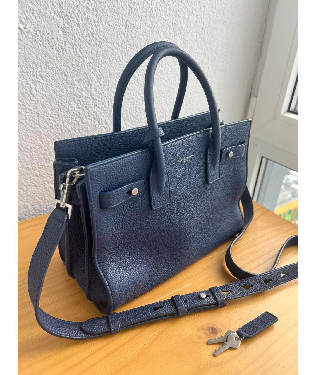 SAINT LAURENT Темно-синяя кожаная сумка с короткими ручками, фото 2