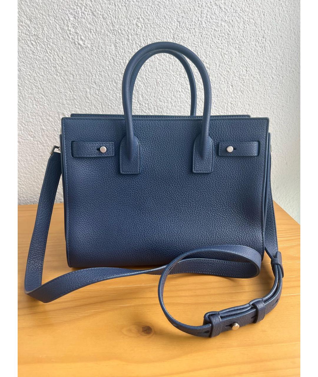 SAINT LAURENT Темно-синяя кожаная сумка с короткими ручками, фото 3