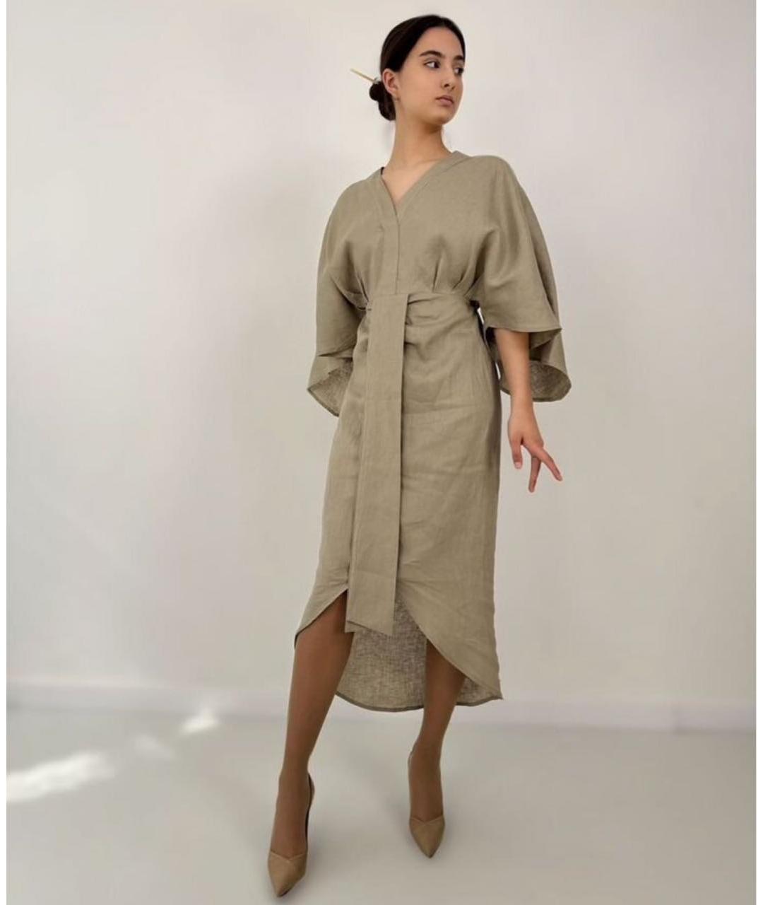 MAX MARA Бежевое льняное повседневное платье, фото 8