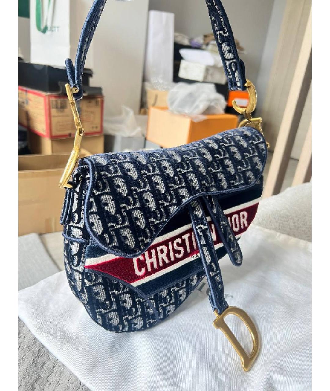 CHRISTIAN DIOR Темно-синяя бархатная сумка через плечо, фото 4