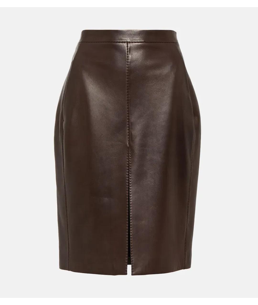 SAINT LAURENT Коричневая кожаная юбка миди, фото 5
