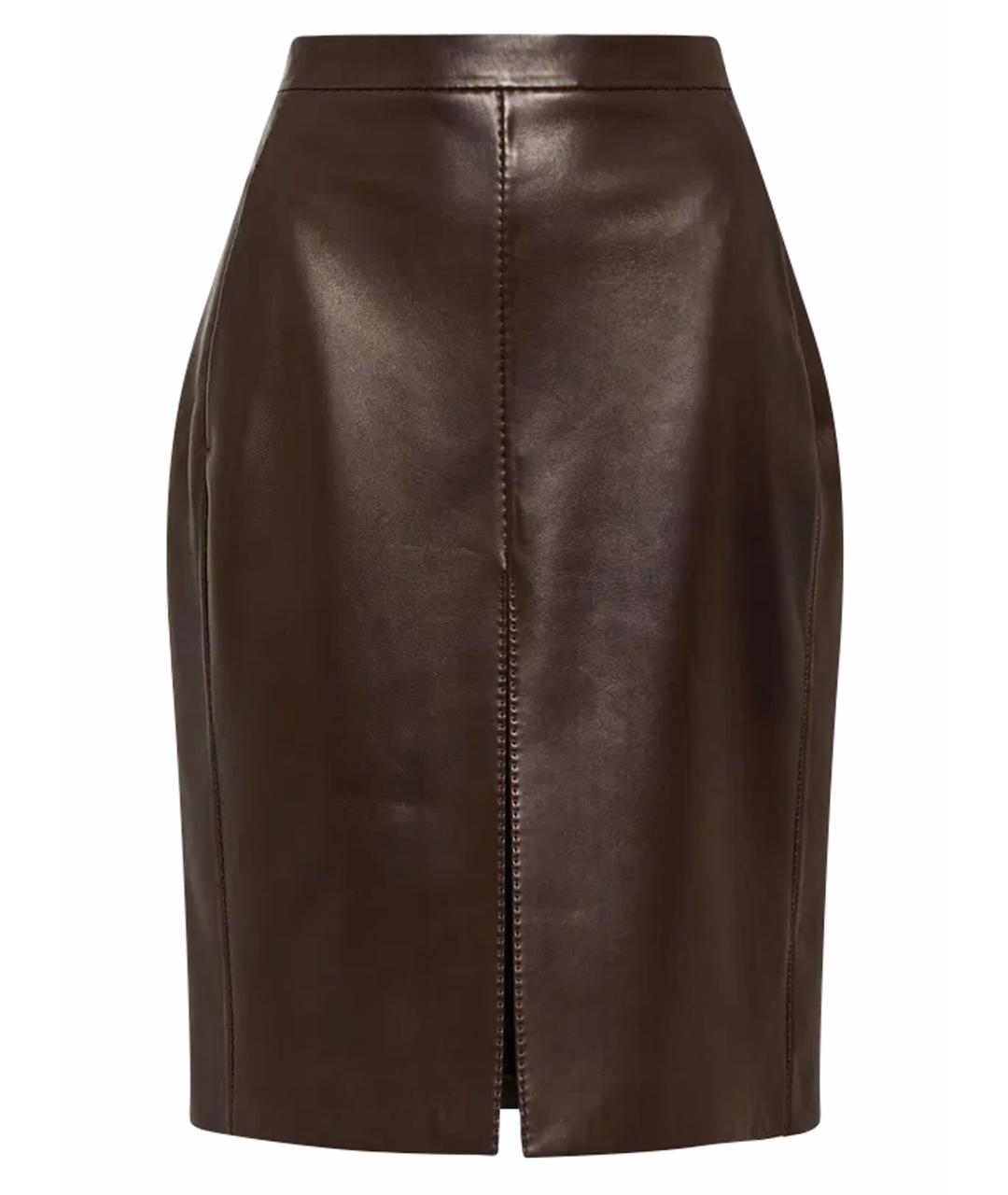 SAINT LAURENT Коричневая кожаная юбка миди, фото 1