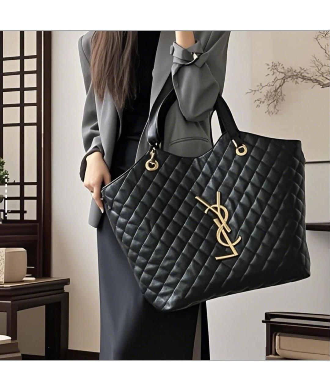 SAINT LAURENT Черная кожаная сумка тоут, фото 7