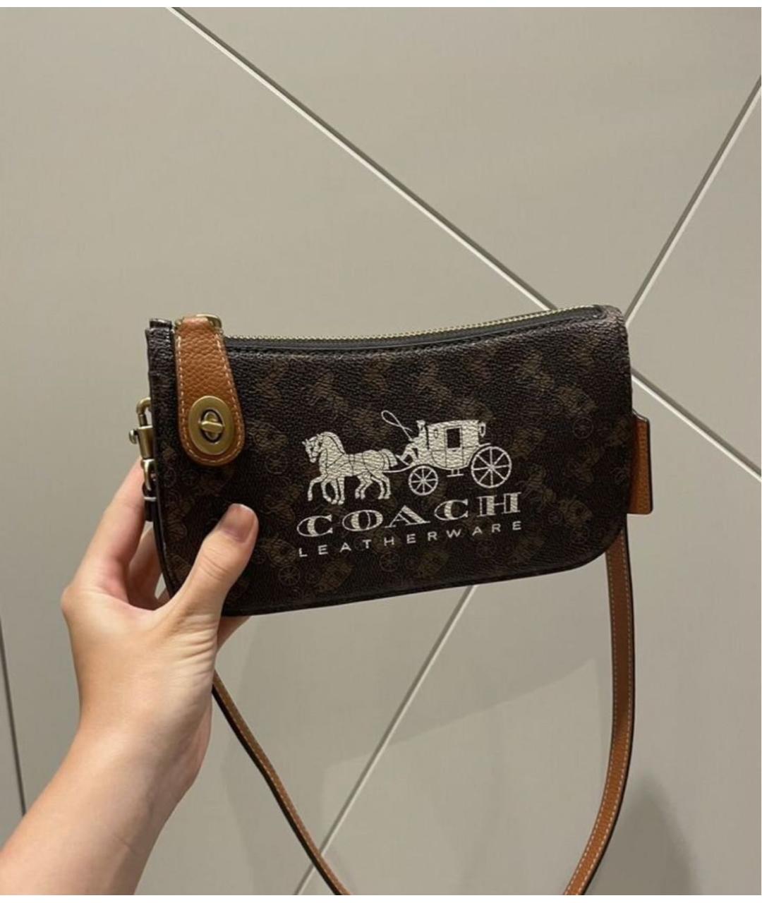 COACH Коричневая кожаная сумка с короткими ручками, фото 6