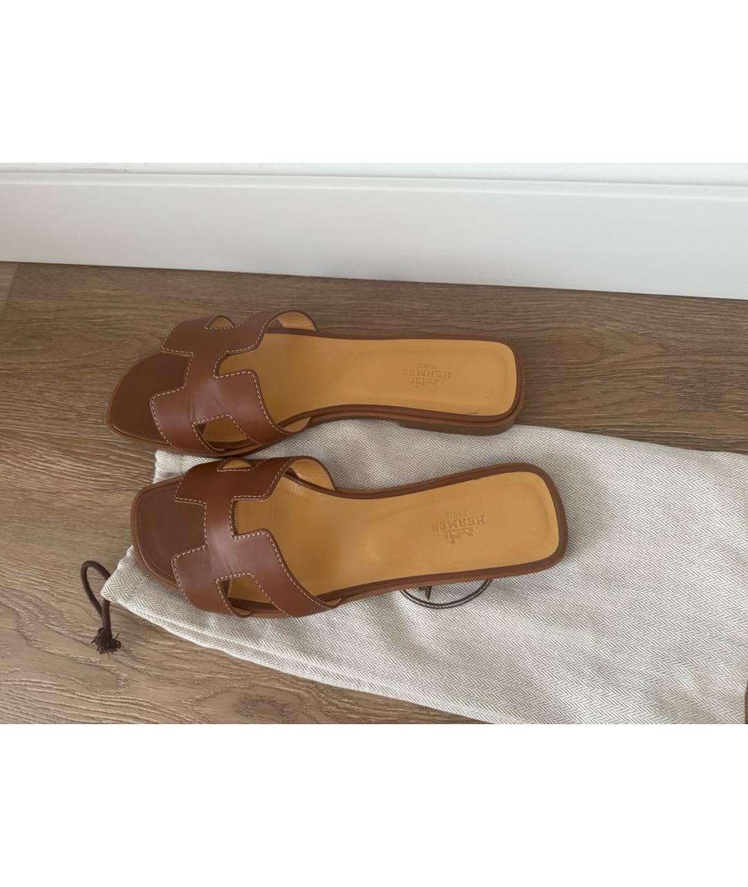 HERMES Коричневые кожаные шлепанцы, фото 2