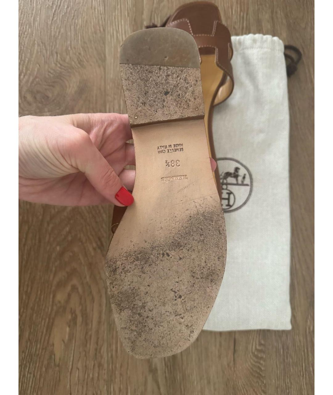 HERMES Коричневые кожаные шлепанцы, фото 5