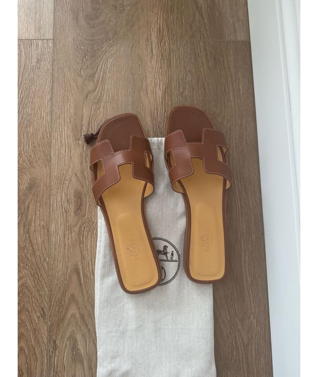 HERMES Коричневые кожаные шлепанцы, фото 3