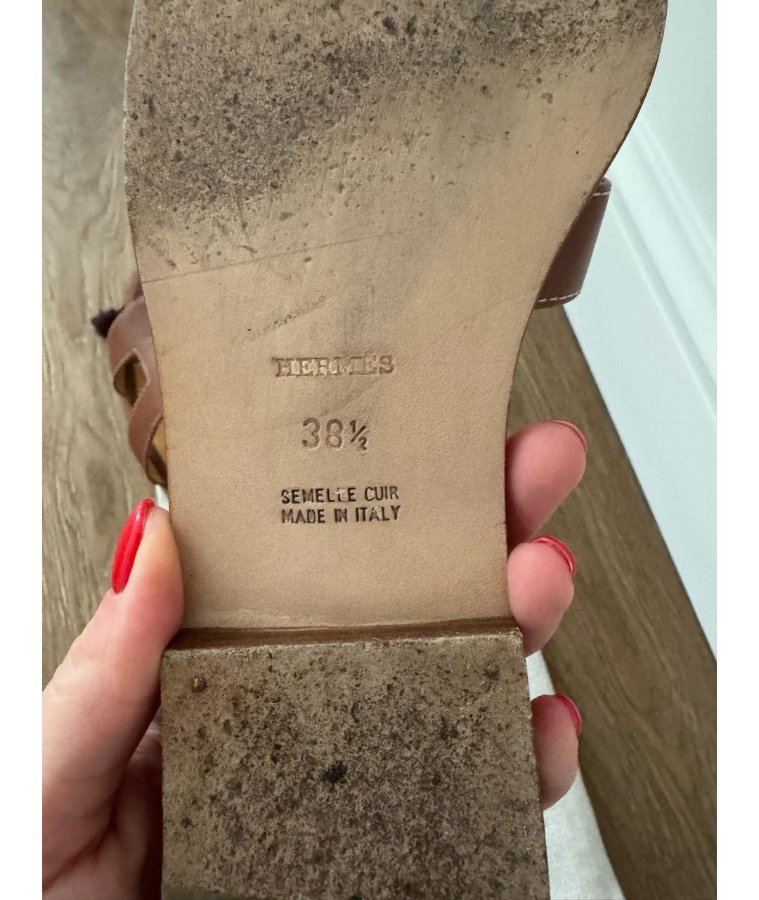 HERMES Коричневые кожаные шлепанцы, фото 6