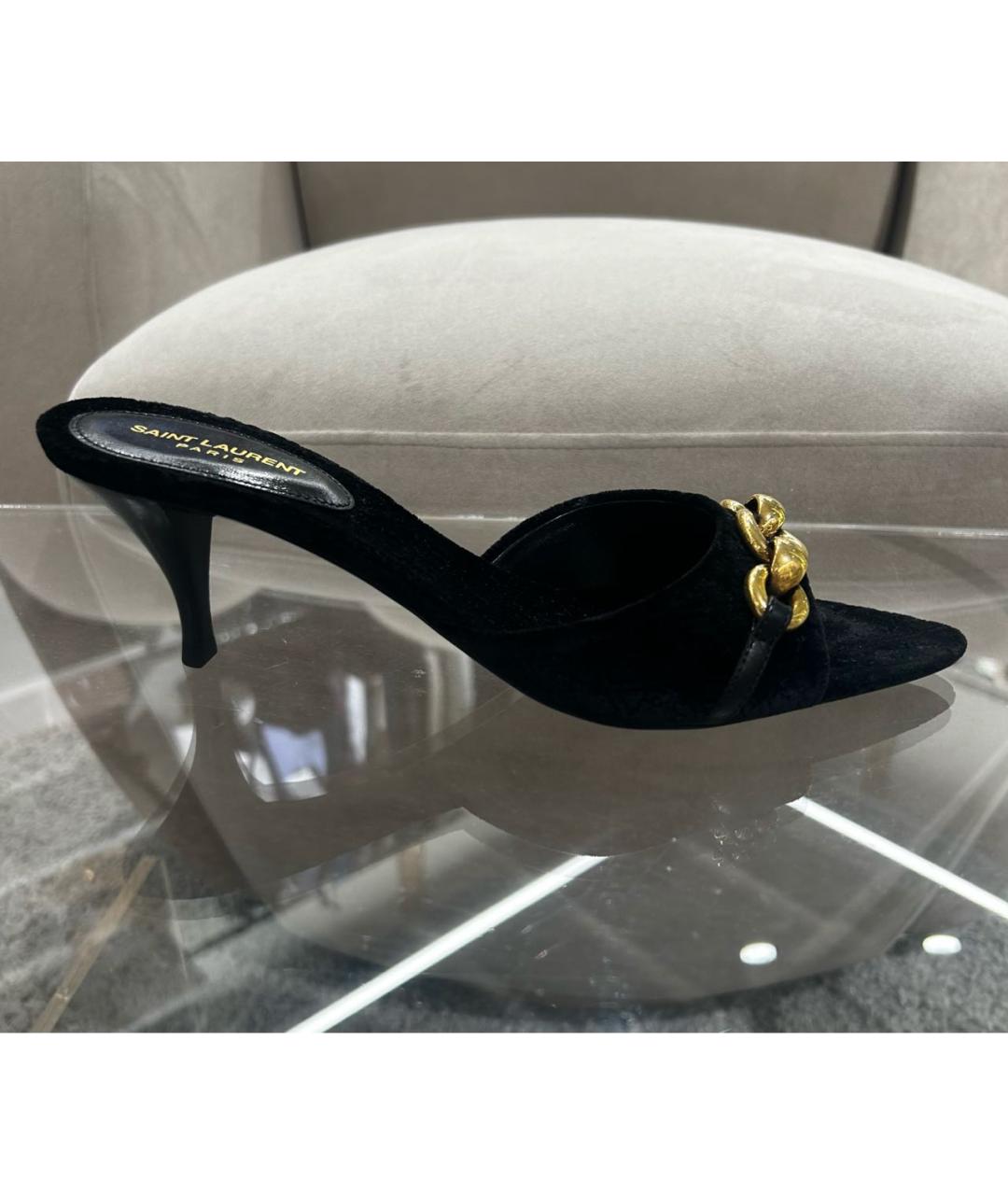 SAINT LAURENT Черные бархатные мюли, фото 7