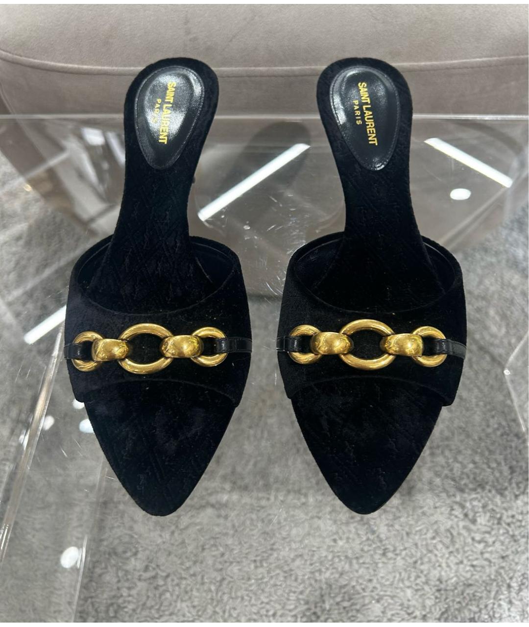 SAINT LAURENT Черные бархатные мюли, фото 2