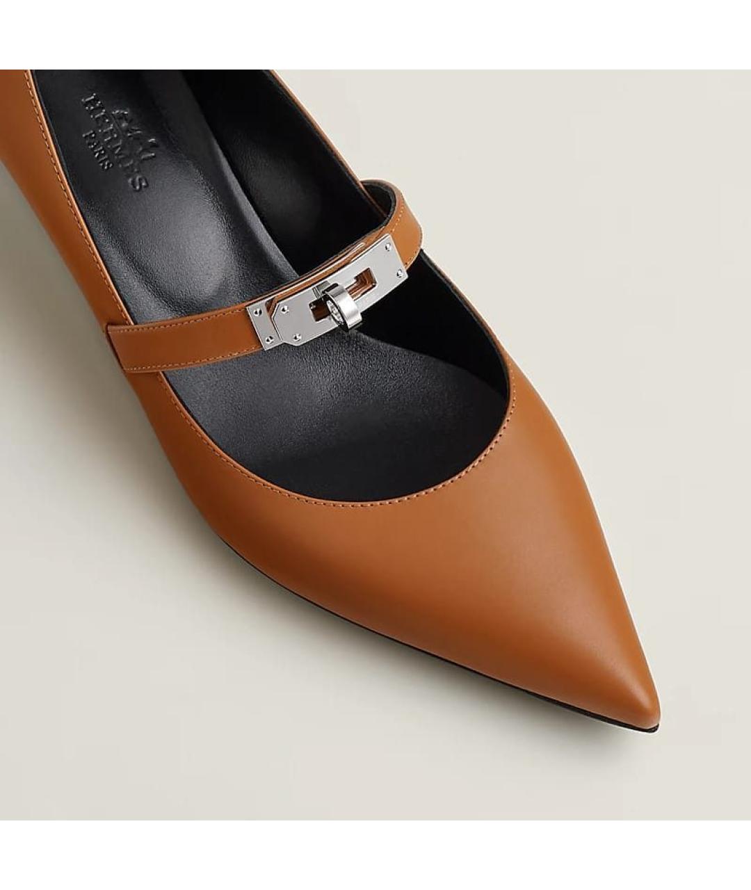 HERMES Коричневые кожаные лодочки на низком каблуке, фото 4