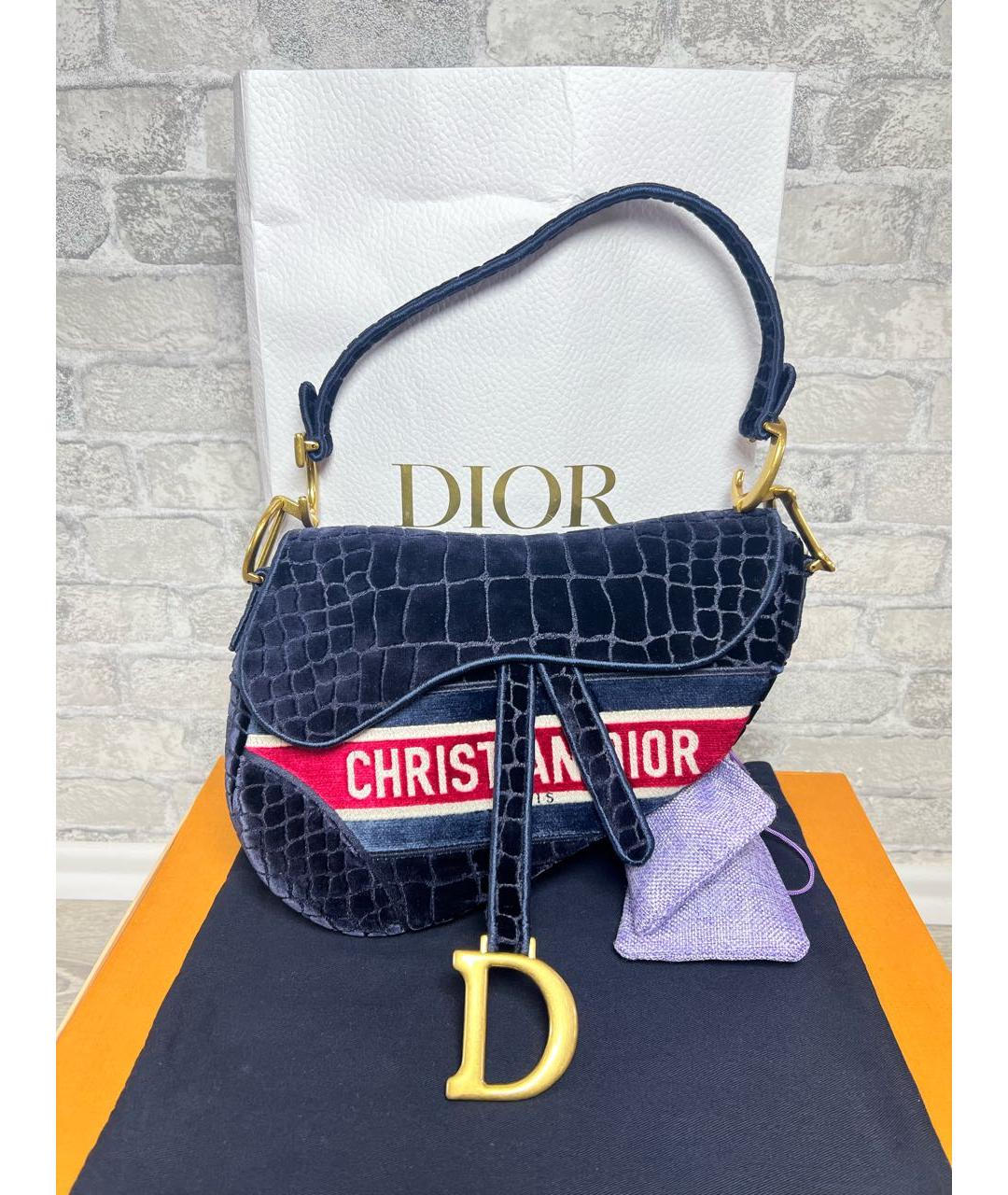 CHRISTIAN DIOR Темно-синяя бархатная сумка через плечо, фото 2