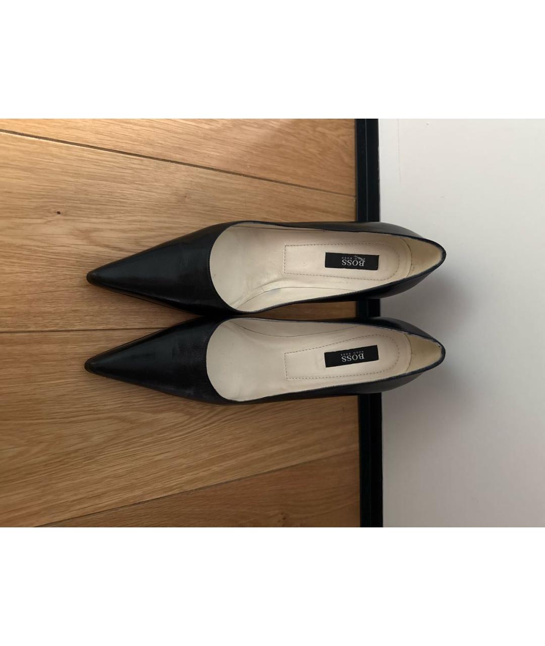 HUGO BOSS Черные кожаные лодочки на низком каблуке, фото 2