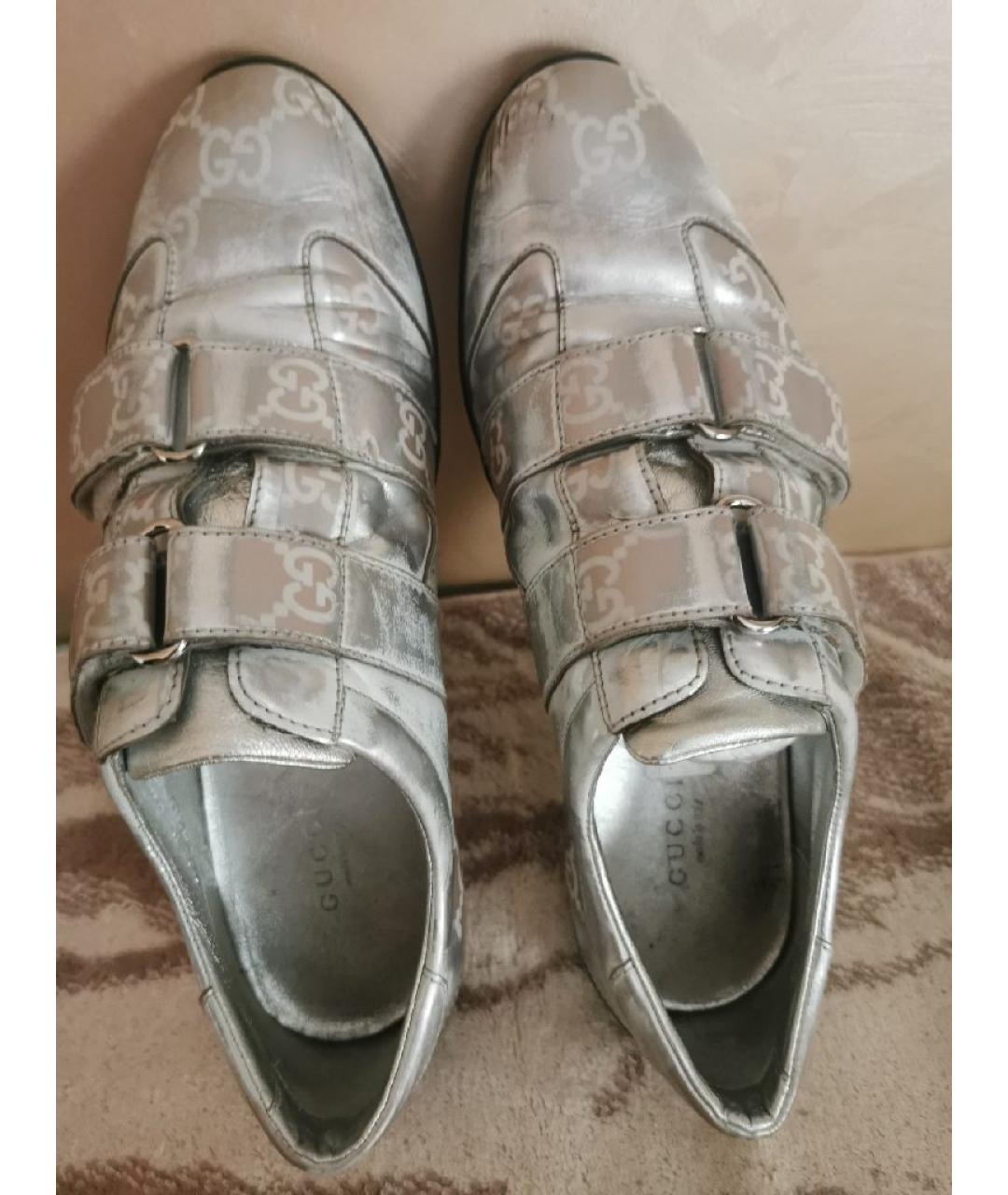 GUCCI Серебряные кожаные кроссовки, фото 6