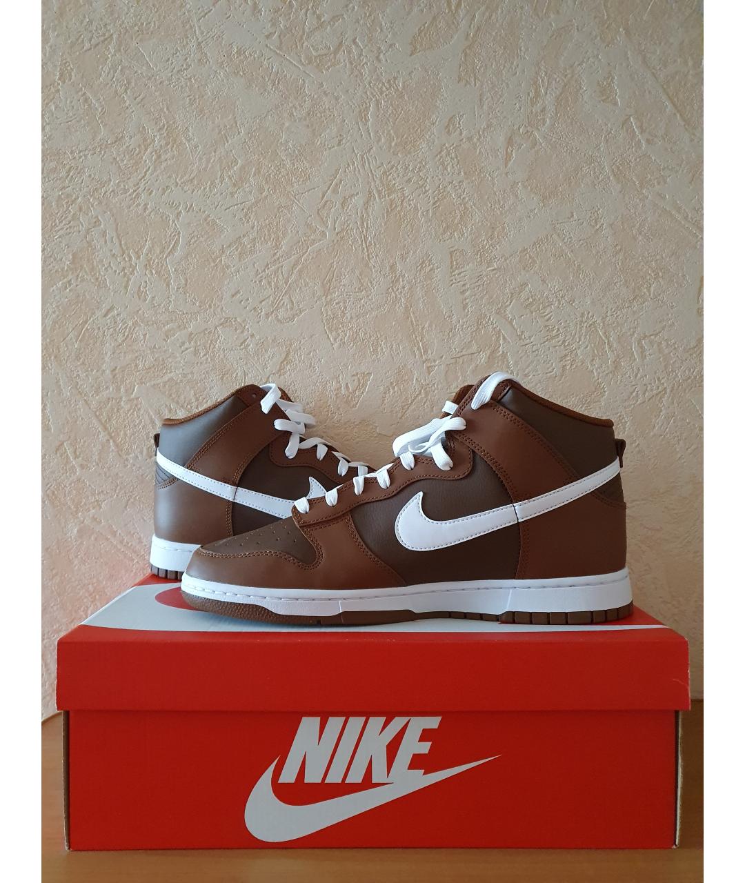 NIKE Коричневые кожаные высокие кроссовки / кеды, фото 5