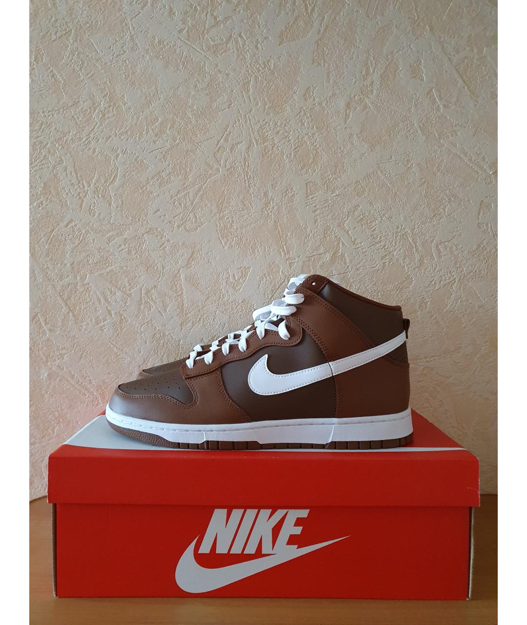NIKE Коричневые кожаные высокие кроссовки / кеды, фото 6