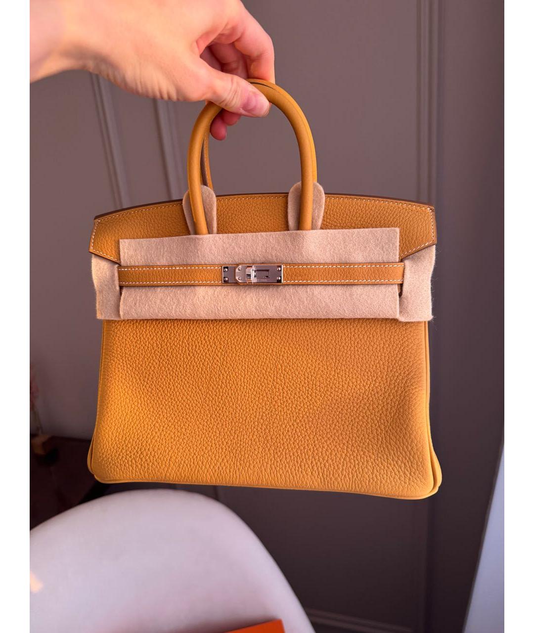 HERMES Горчичная кожаная сумка с короткими ручками, фото 3