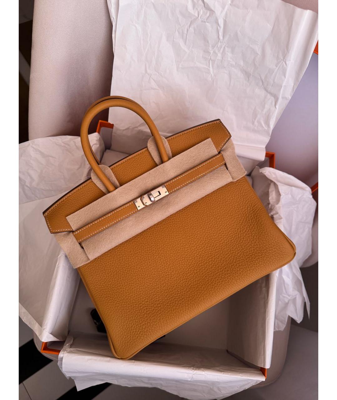 HERMES Горчичная кожаная сумка с короткими ручками, фото 4