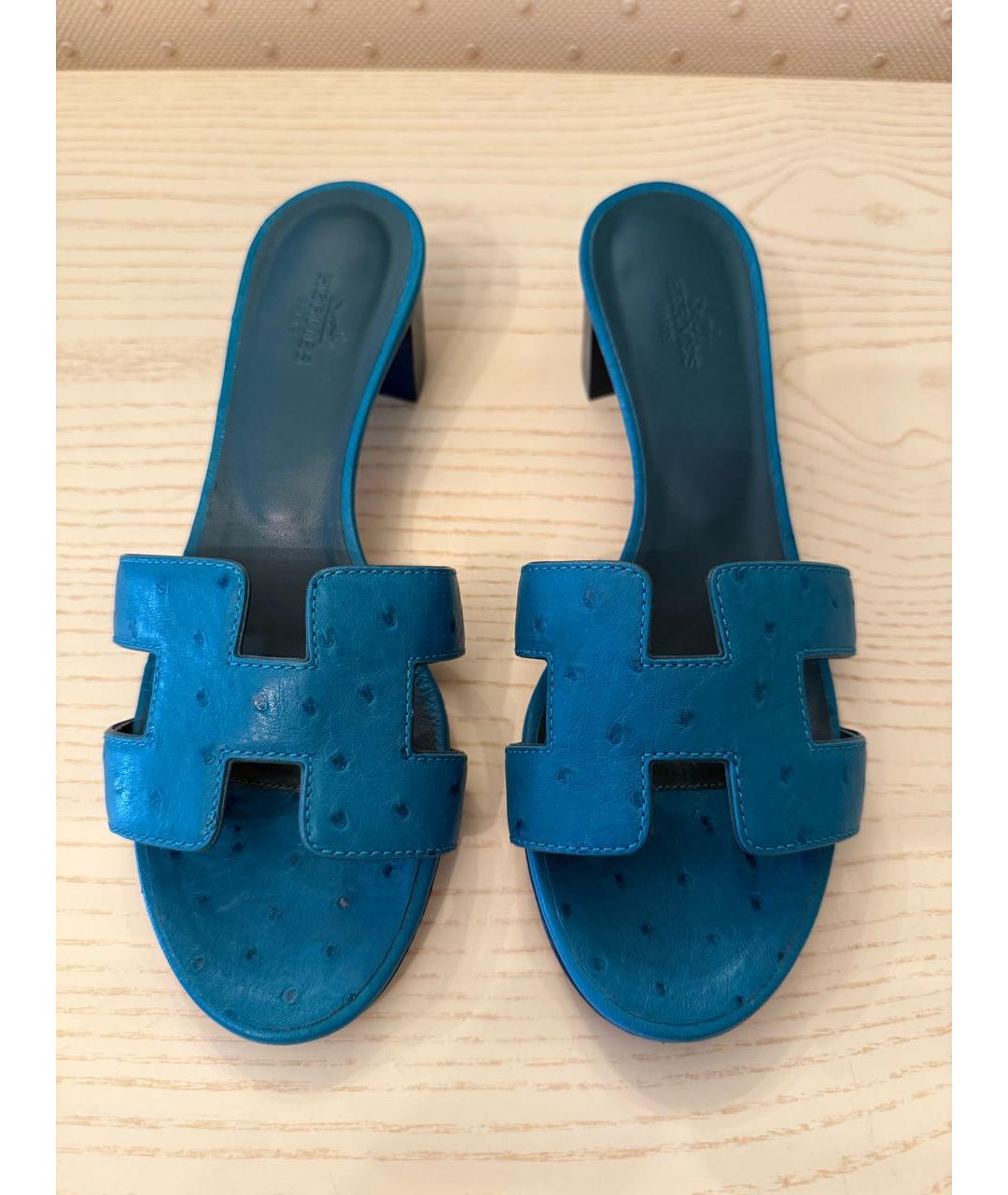 HERMES Бирюзовые мюли из экзотической кожи, фото 2