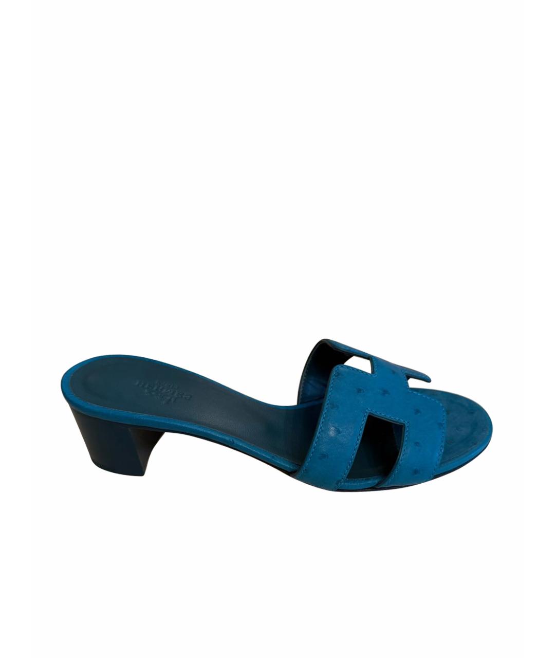 HERMES Бирюзовые мюли из экзотической кожи, фото 1