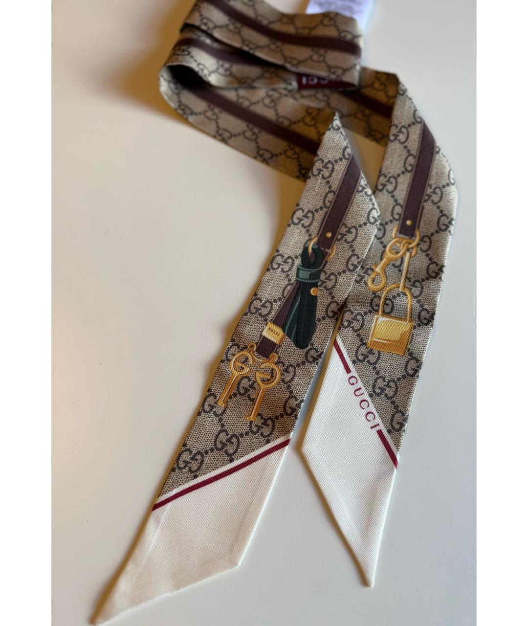 GUCCI Коричневый шелковый шарф, фото 4