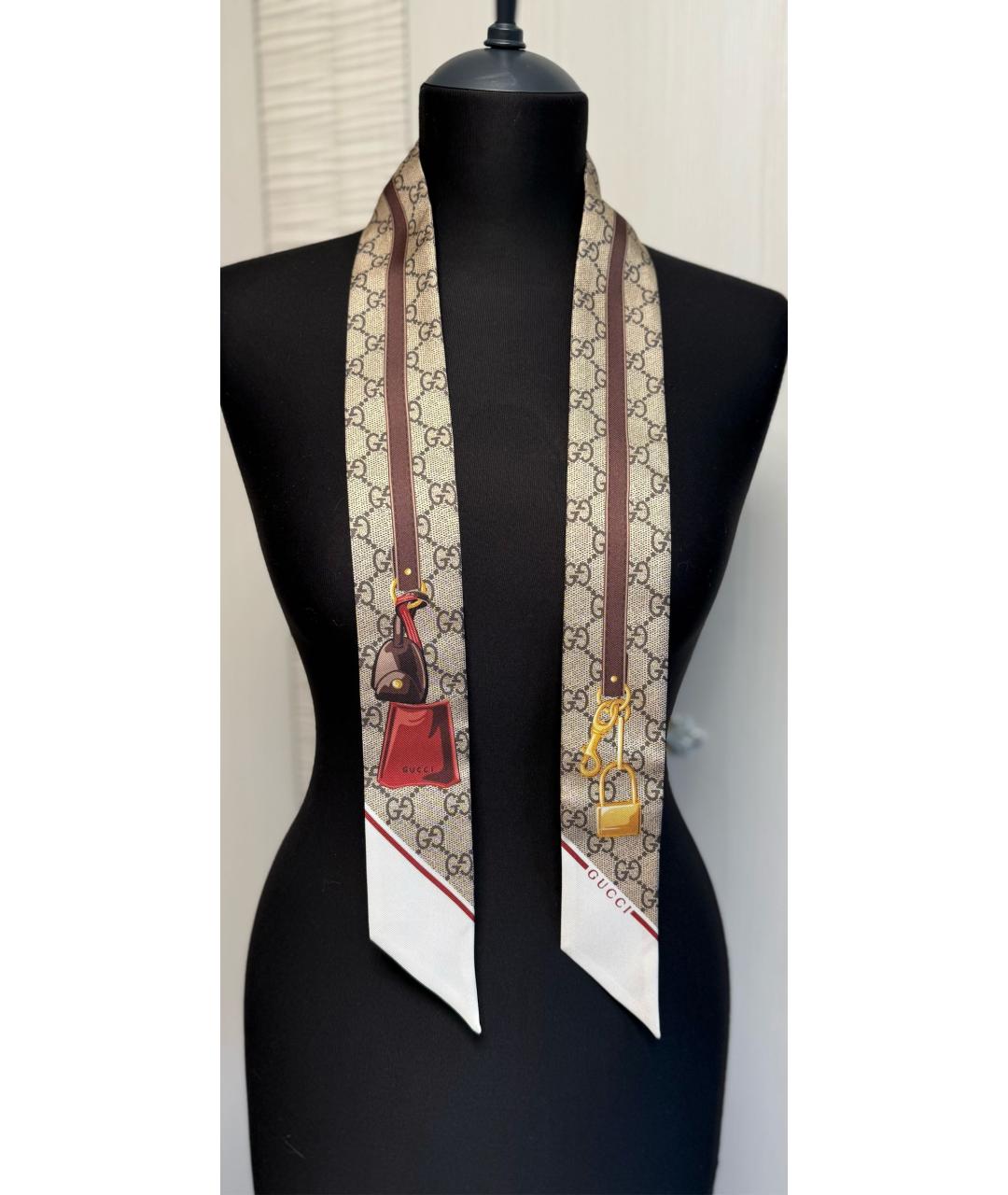 GUCCI Коричневый шелковый шарф, фото 2