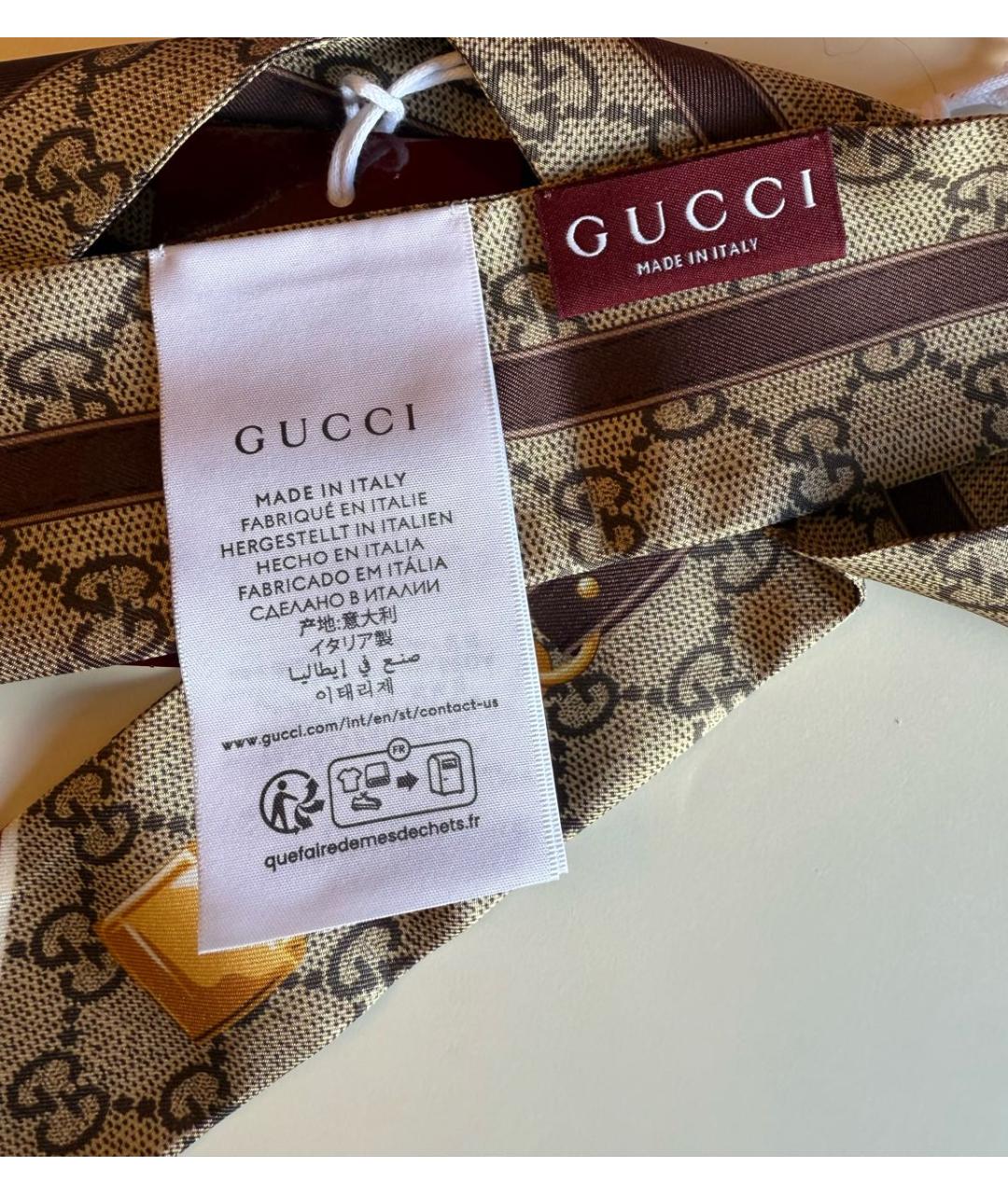 GUCCI Коричневый шелковый шарф, фото 7