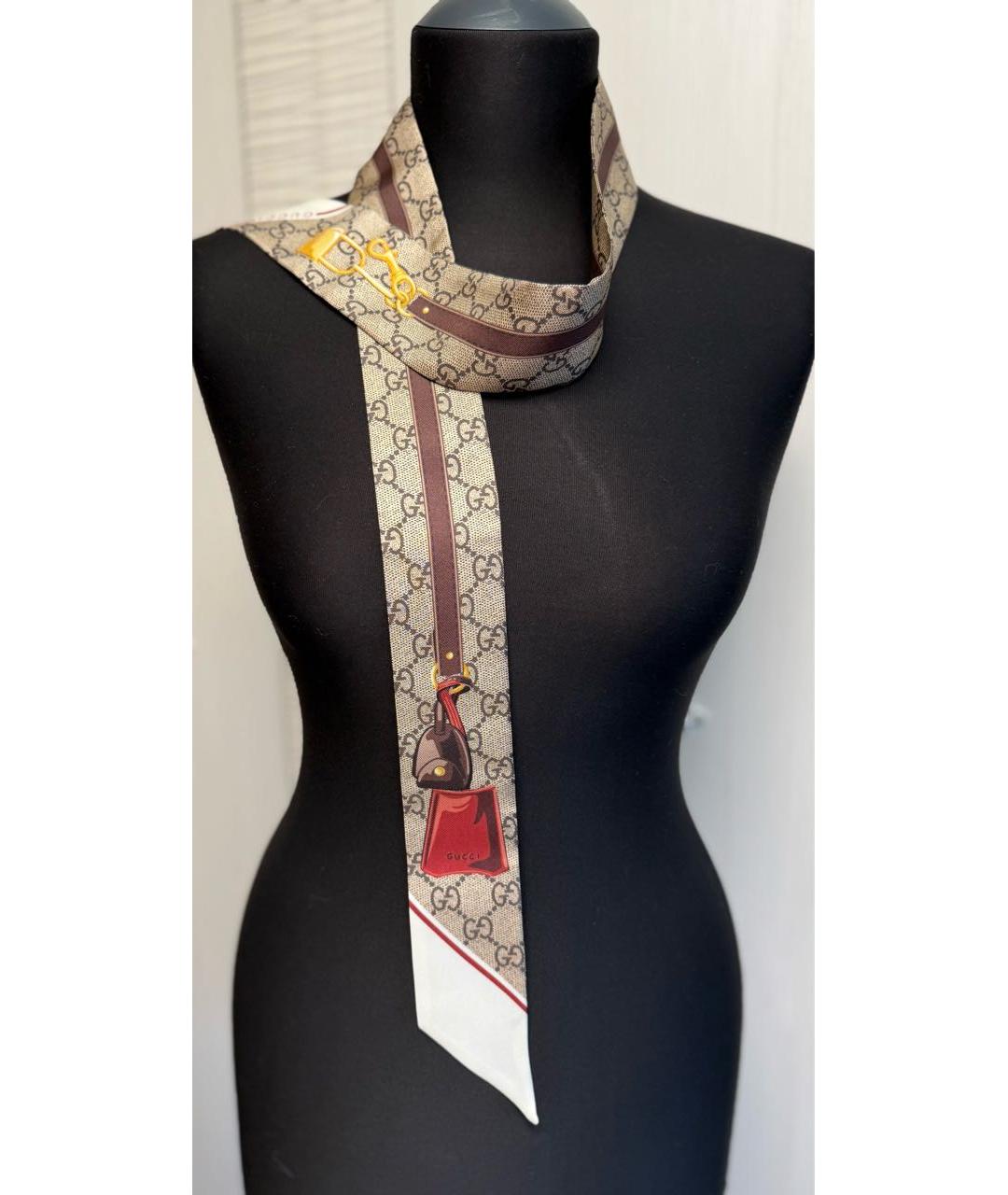 GUCCI Коричневый шелковый шарф, фото 5