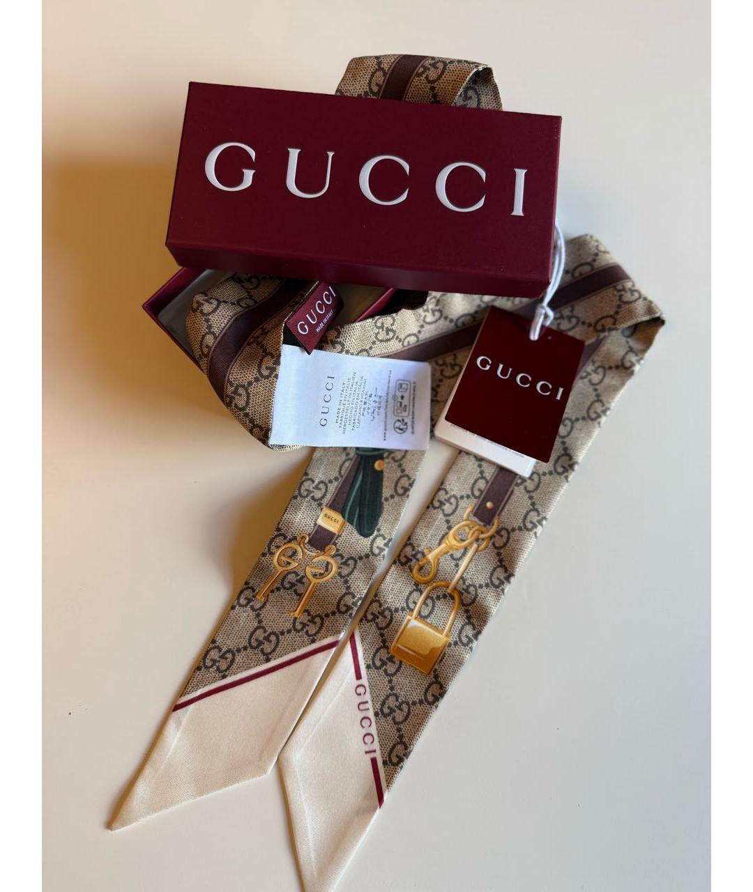 GUCCI Коричневый шелковый шарф, фото 3