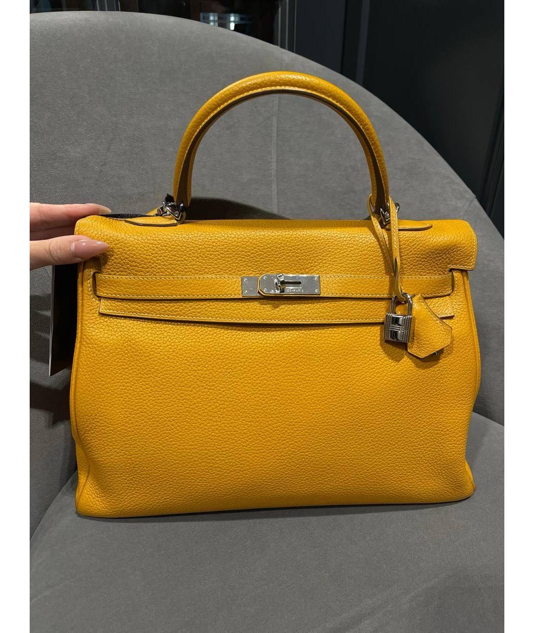 HERMES Горчичная кожаная сумка с короткими ручками, фото 5