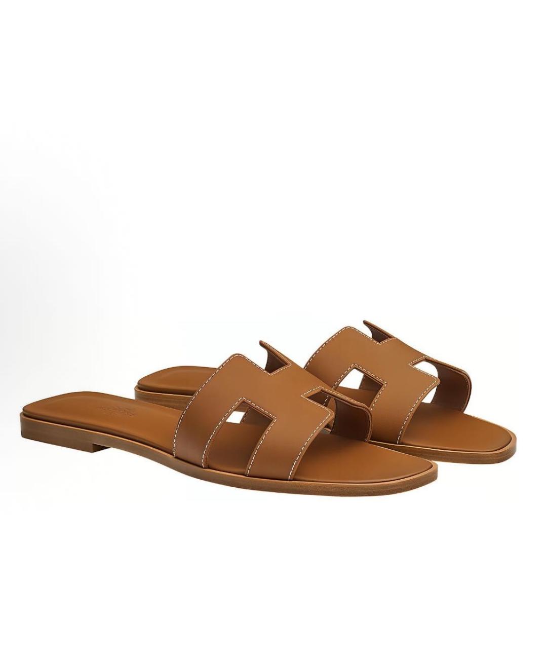 HERMES Оранжевое кожаные шлепанцы, фото 2