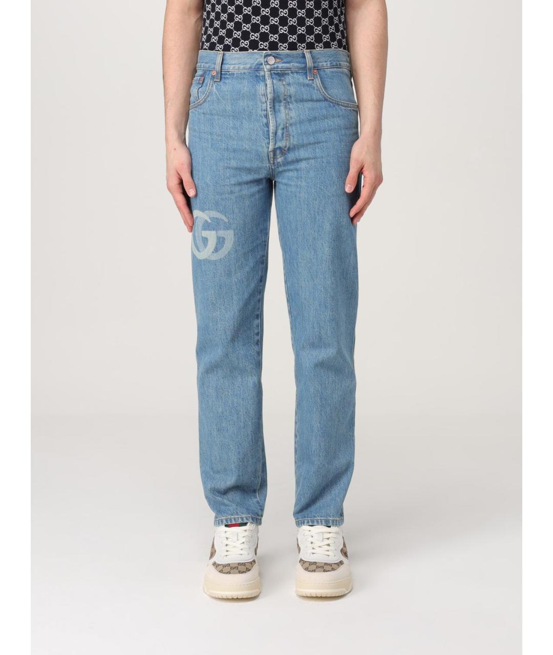 GUCCI Голубые хлопковые прямые джинсы, фото 2