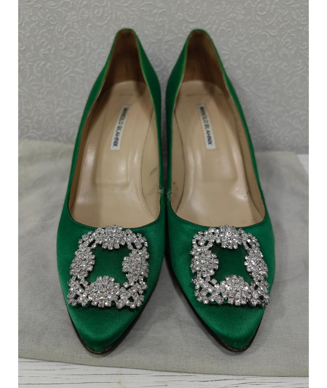 MANOLO BLAHNIK Зеленые кожаные лодочки на низком каблуке, фото 2