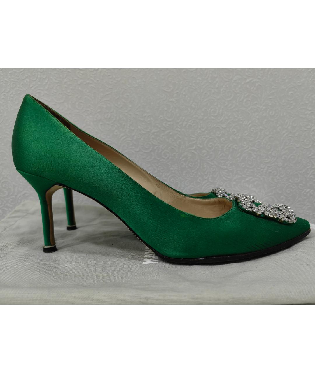 MANOLO BLAHNIK Зеленые кожаные лодочки на низком каблуке, фото 6