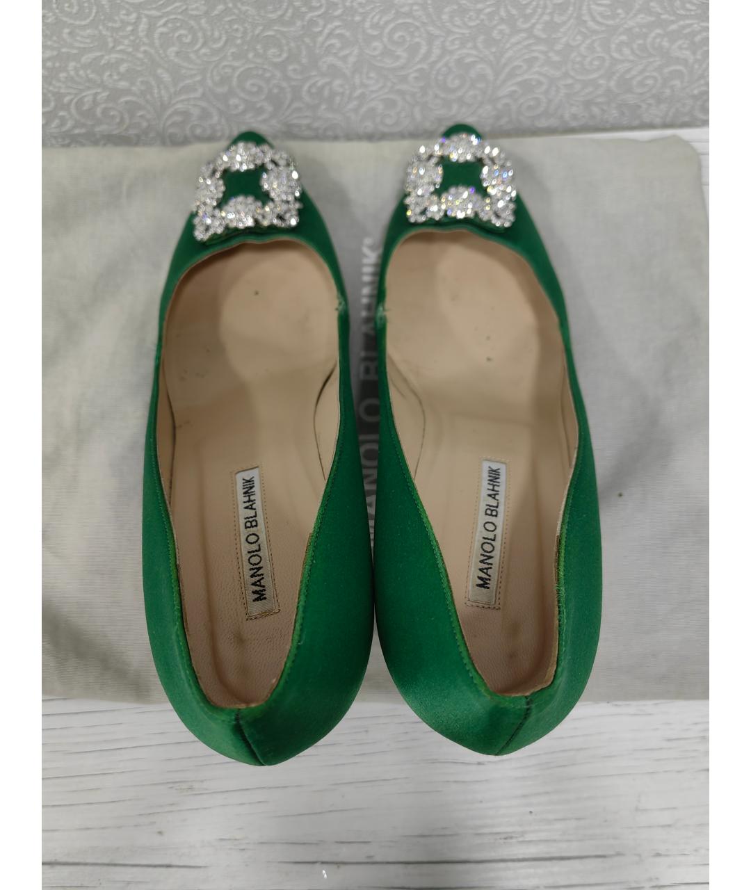 MANOLO BLAHNIK Зеленые кожаные лодочки на низком каблуке, фото 3