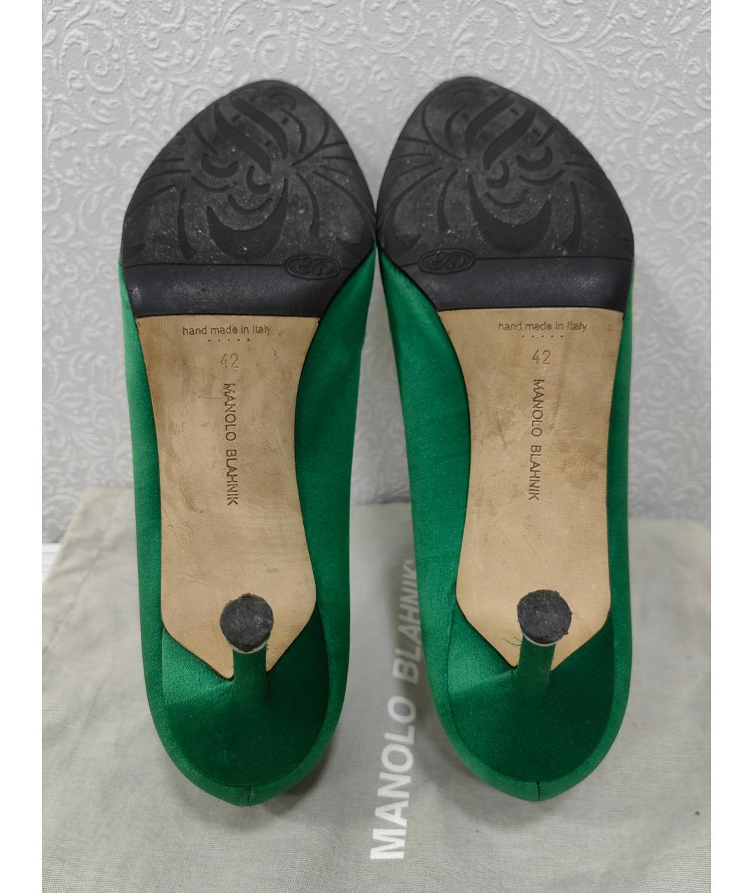 MANOLO BLAHNIK Зеленые кожаные лодочки на низком каблуке, фото 5