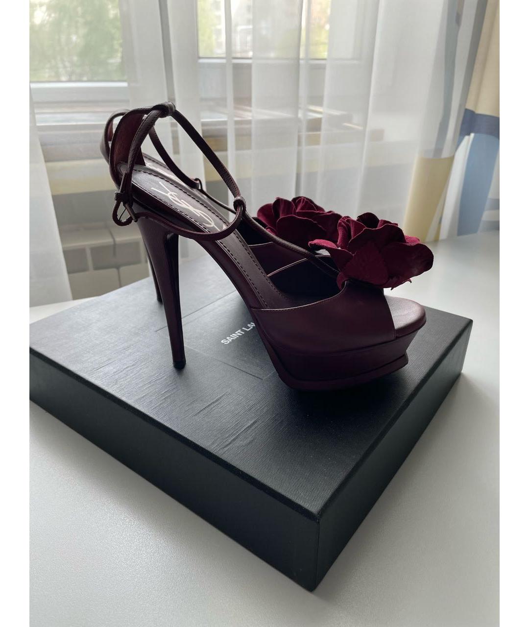 SAINT LAURENT Бордовые кожаные босоножки, фото 5