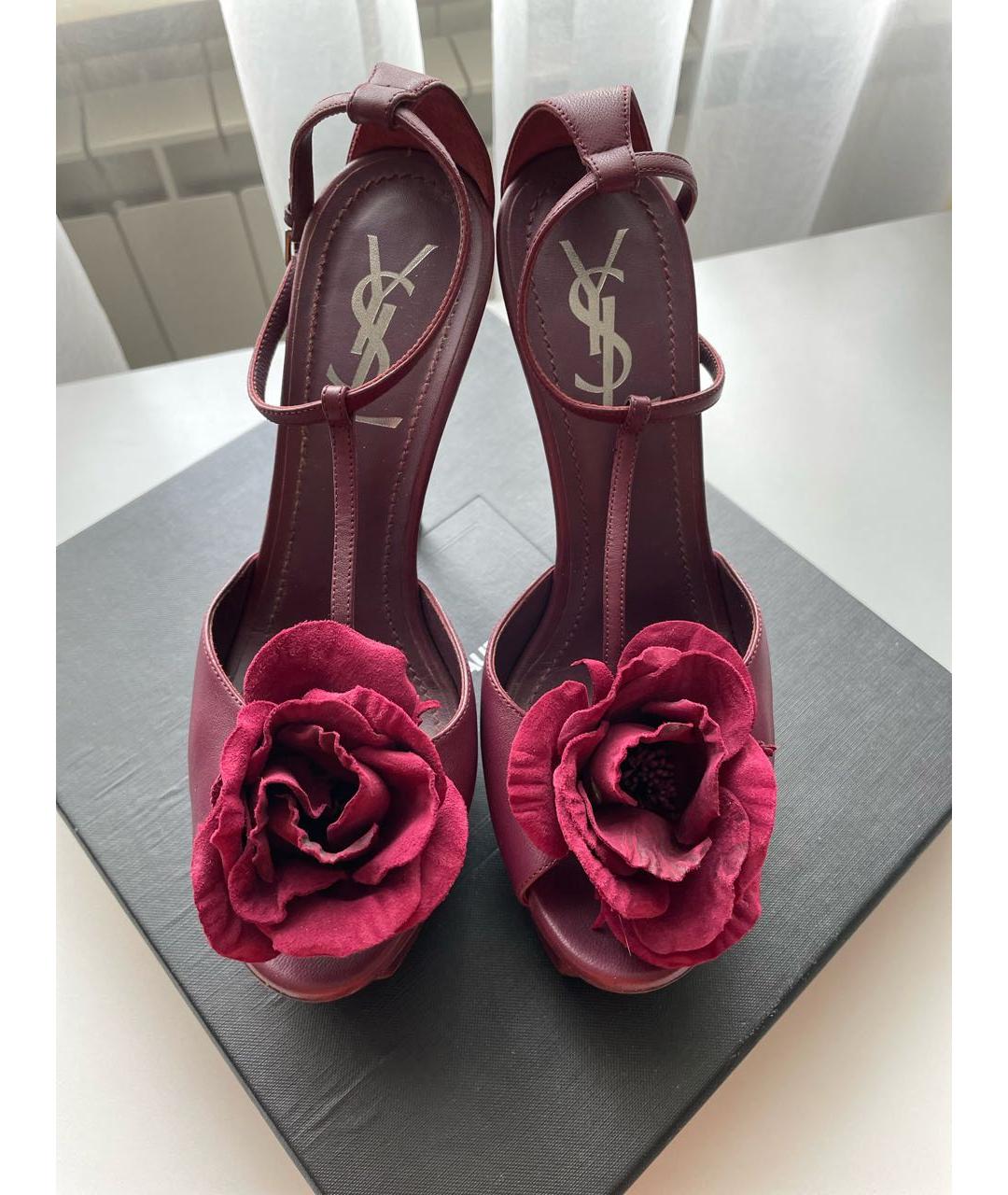 SAINT LAURENT Бордовые кожаные босоножки, фото 3