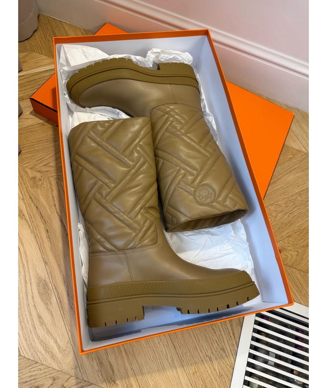 HERMES Хаки кожаные сапоги, фото 4