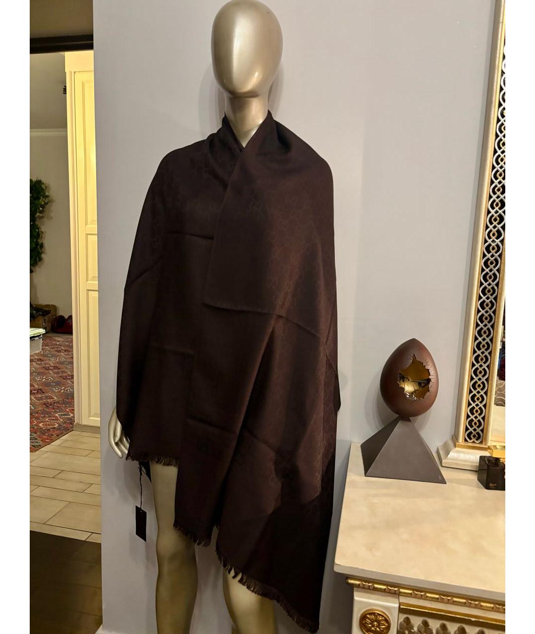 GUCCI Коричневый шерстяной платок, фото 4