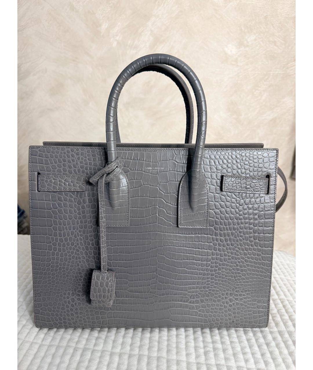 SAINT LAURENT Серая кожаная сумка с короткими ручками, фото 5