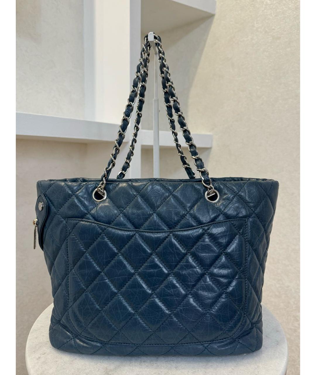 CHANEL Темно-синяя кожаная сумка тоут, фото 5